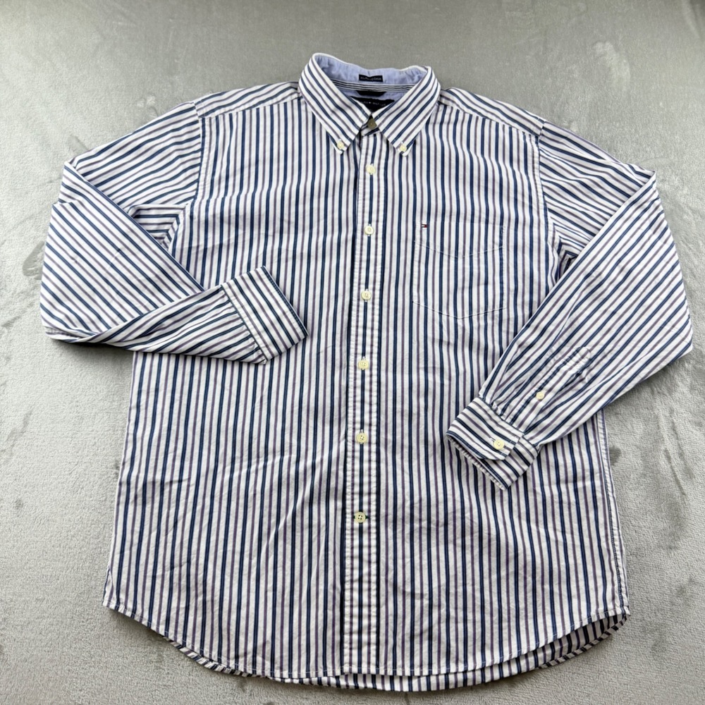 Tommy Hilfiger Men's Large Blue White Striped Long Sleeve Button Down Shirt